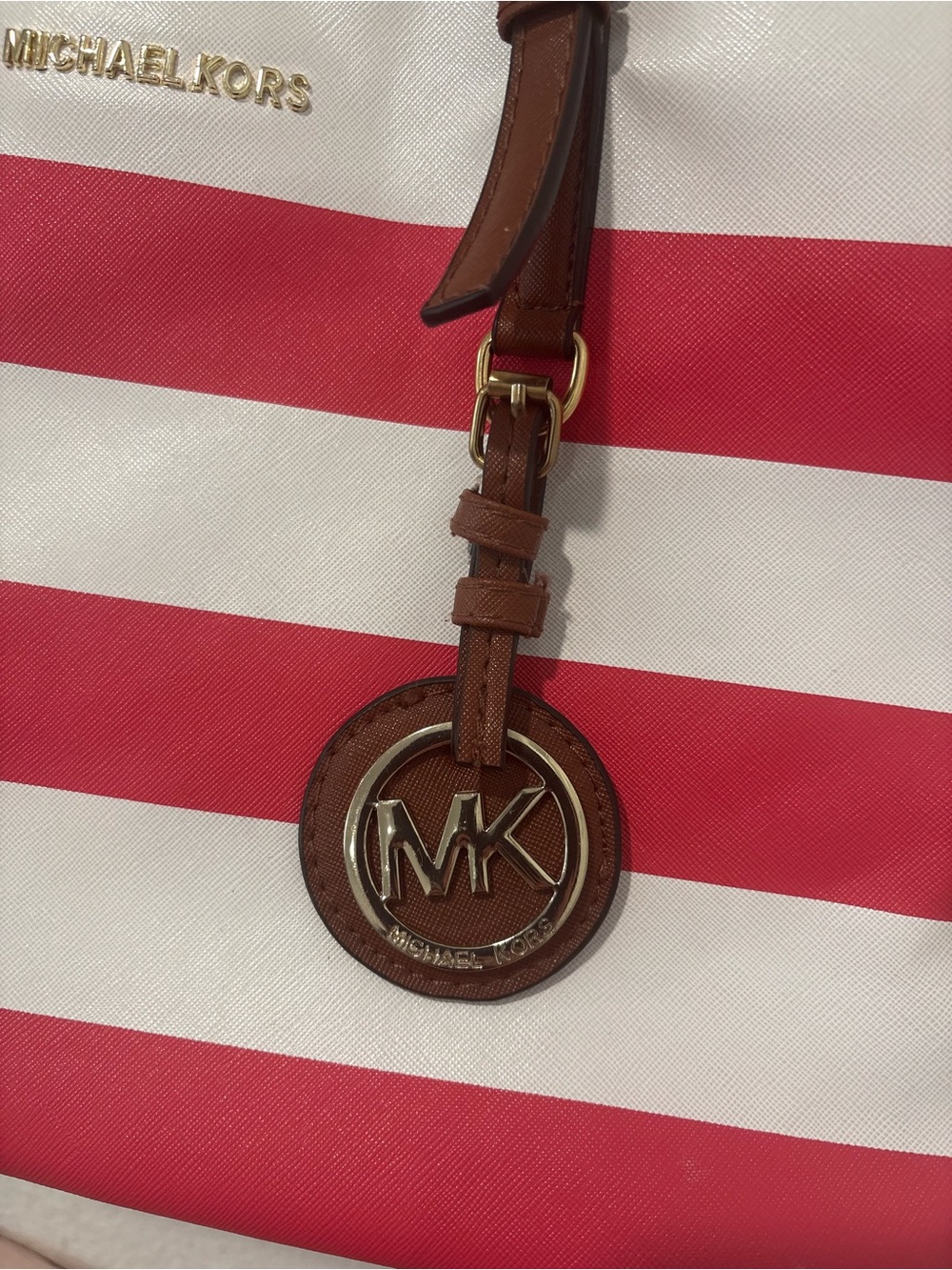 Michael Kors pink and White Striped Tote with Brown Leather Accents - Picture 4 of 12